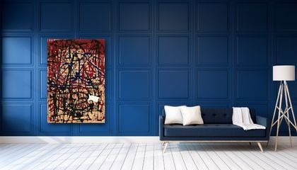 Hamburg print — red and black abstract on a navy feature wall