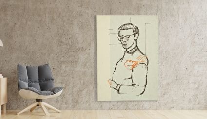 Stu-Art print — a line-drawn figure study framed beside an armchair
