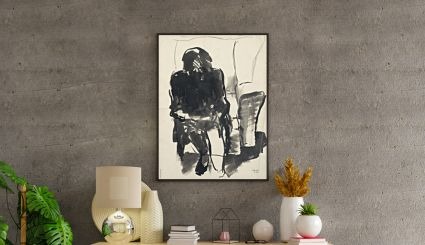 Stu-Art print — a black-and-white figure work on a plain wall